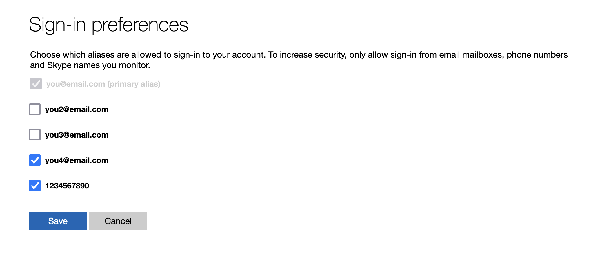A screenshot of some example Microsoft account aliases on the 'Sign-in preferences' page, with a checkbox next to each; some are checked and some are not.